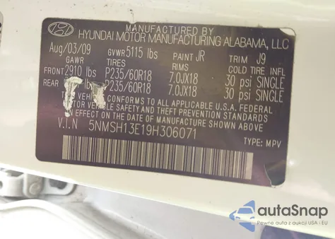 2009 Hyundai Santa Fe Se z USA, uszkodzony, nr VIN 5NMSH13E19H306071